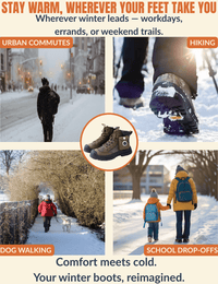 Advertisement for Warmweave™ winter boots showing four real-life cold weather activities — urban commuting, hiking, dog walking, and school drop-offs — with a central boot image and the tagline 'Comfort meets cold. Your winter boots, reimagined.