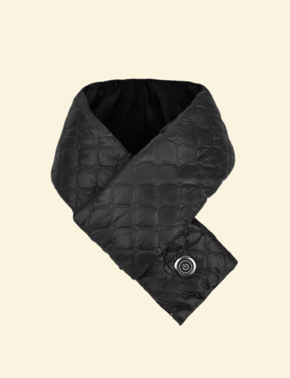 Front view of folded black USB heated scarf with power button and quilted design on neutral background