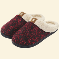 Mulled Red memory foam slippers with cream sherpa lining and black sole on beige background
