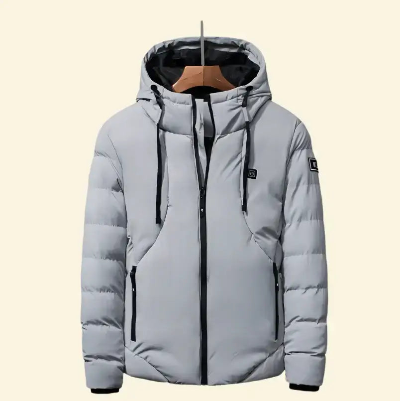 Light grey USB heated parka on hanger with hood and zipper