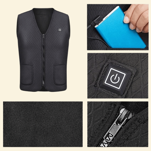 USB Heated Vest front and feature details — includes front view, USB powerbank connection, heating button, fabric texture, and zipper close-up.

