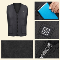 USB Heated Vest front and feature details — includes front view, USB powerbank connection, heating button, fabric texture, and zipper close-up.

