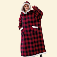 Warmweave™ Lazy Blanket in Ember Plaid – flannel hooded blanket with pockets in classic red check