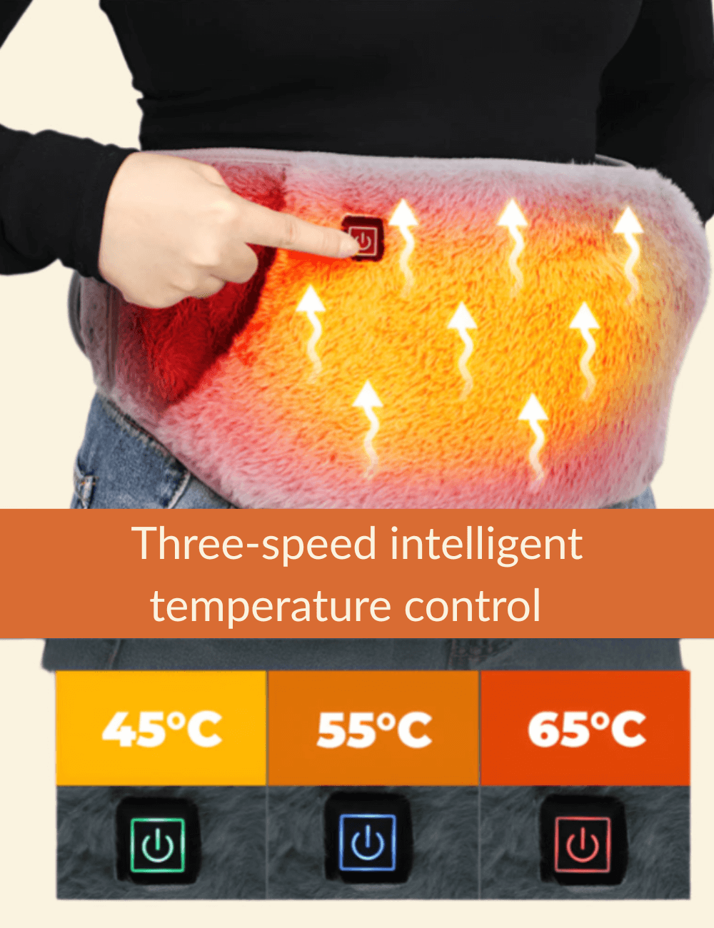 Warmweave USB heated waist belt showing three heat settings with temperature display and control button for adjustable warmth