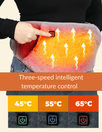 Warmweave USB heated waist belt showing three heat settings with temperature display and control button for adjustable warmth