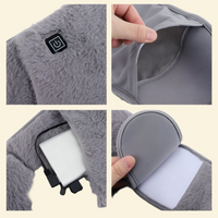 Close-up views of the Warmweave USB heated waist belt showing soft fleece fabric, hidden zipper pocket, USB power connection, and adjustable strap