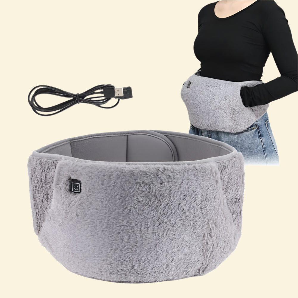 Warmweave USB heated waist belt in soft gray fleece with included USB cable, shown close-up and worn around the waist for warmth and comfort