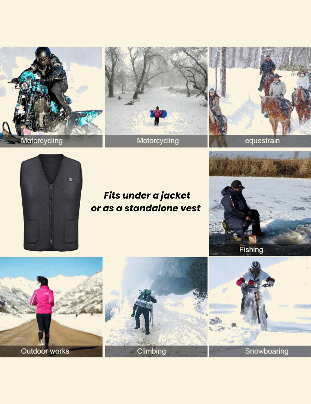 Heated winter vest for outdoor activities like motorcycling, equestrian, fishing, snowboarding, and climbing, with transparent background overlay on cream.