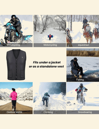 Heated winter vest for outdoor activities like motorcycling, equestrian, fishing, snowboarding, and climbing, with transparent background overlay on cream.